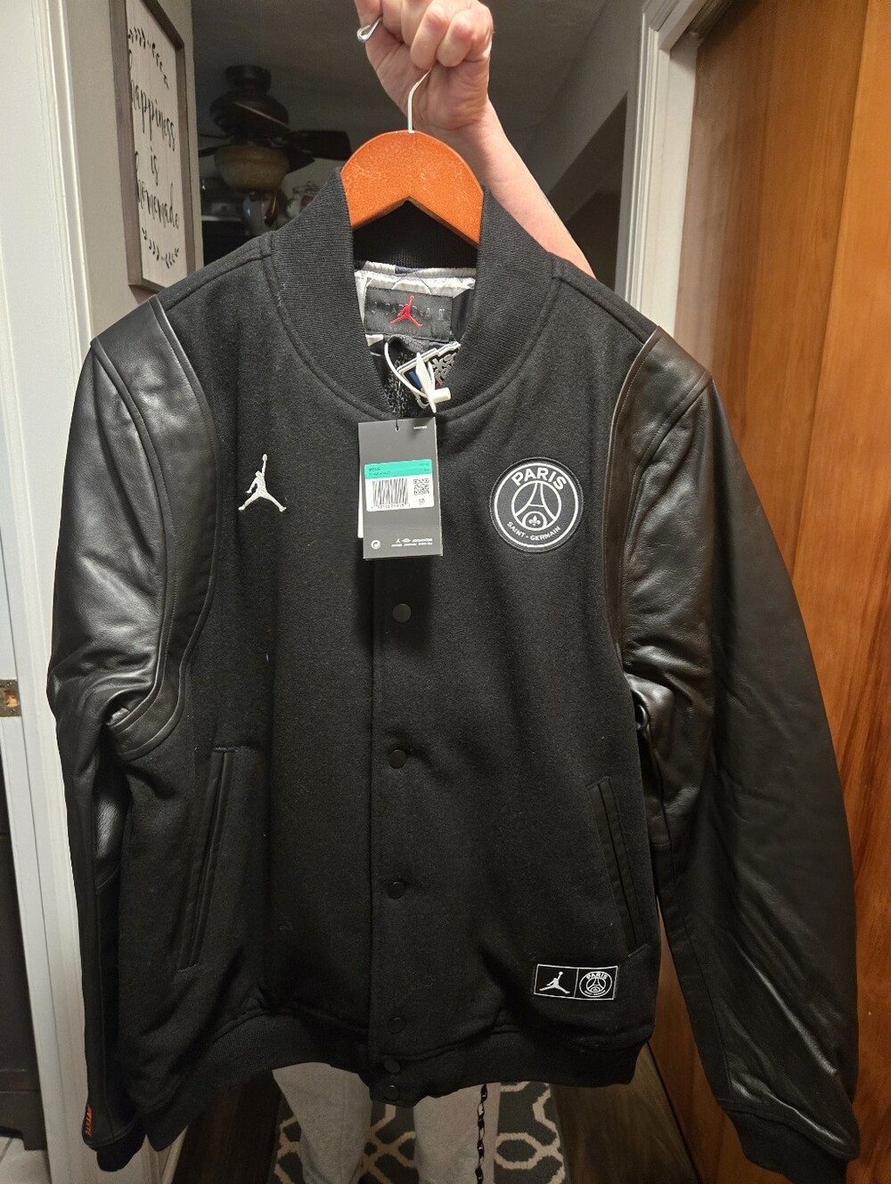 Jordan Black Leather-Sleeve Varsity Jacket with PSG Crest